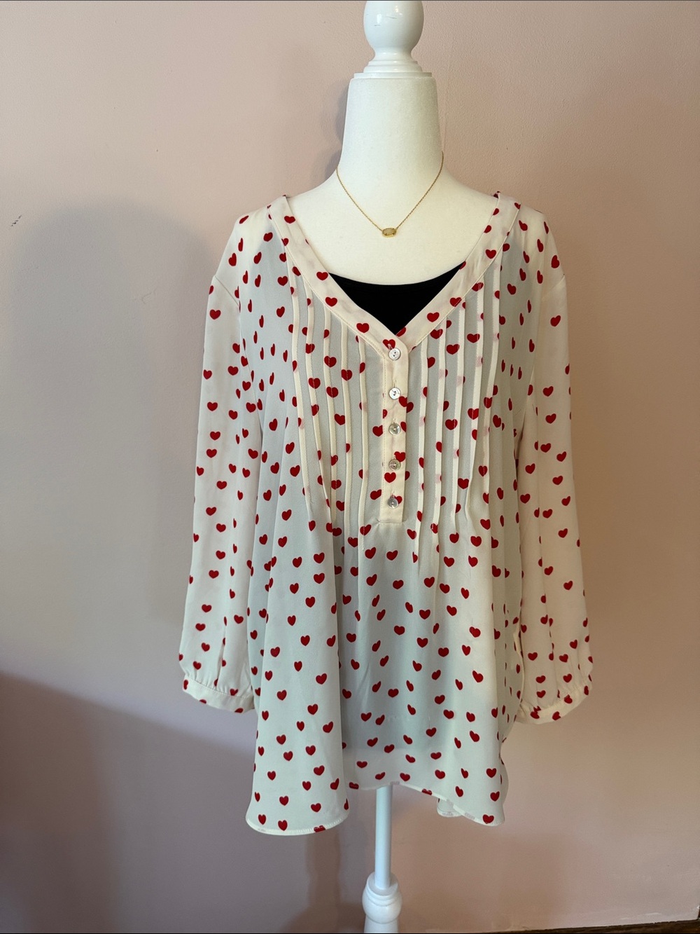 Rose & Olive Cream Blouse with Red Heart Print